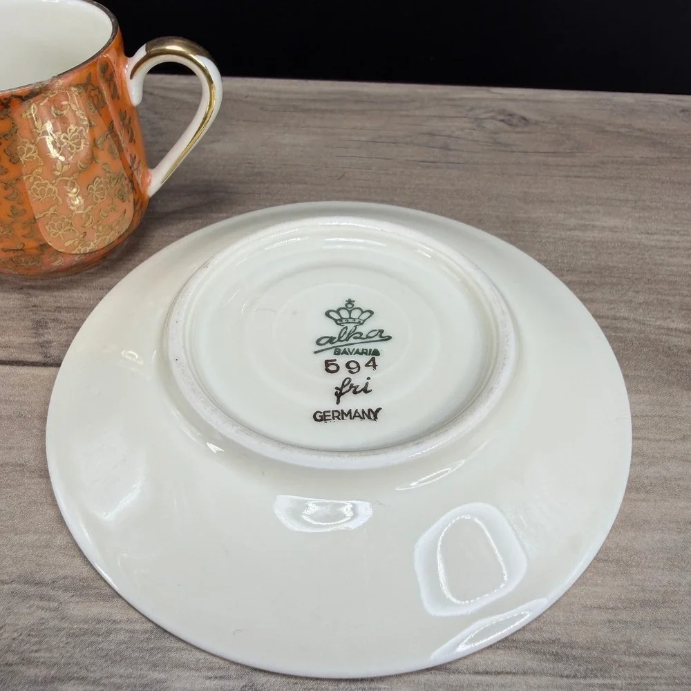 Alka Bavaria Germany Demitasse Cup Saucer‎ Set Orange Luster Gold Filigree VTG